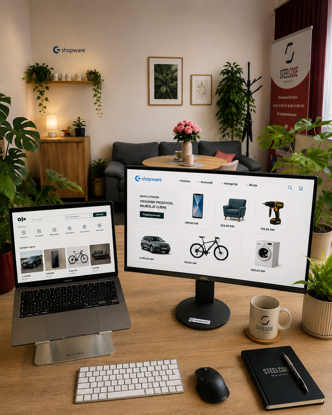 OLX marketplace i Shopware web trgovina na dva povezana ekrana
